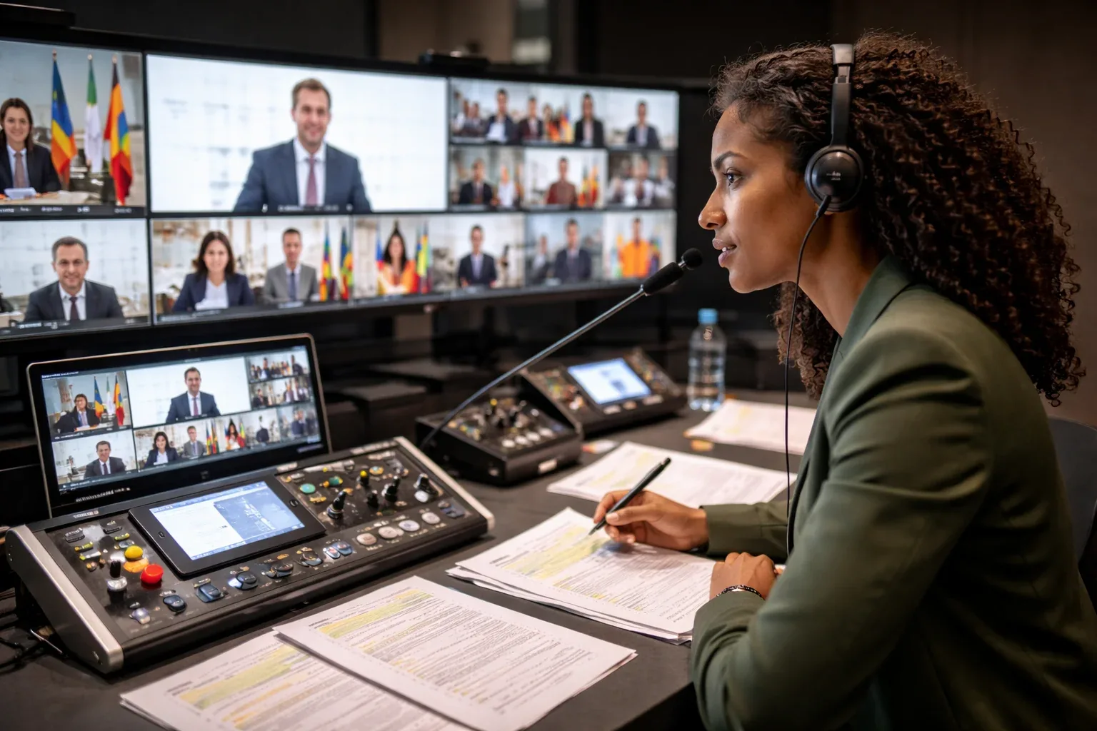Intérprete remota com fone e microfone diante de mesa de som e telas de videoconferência com participantes