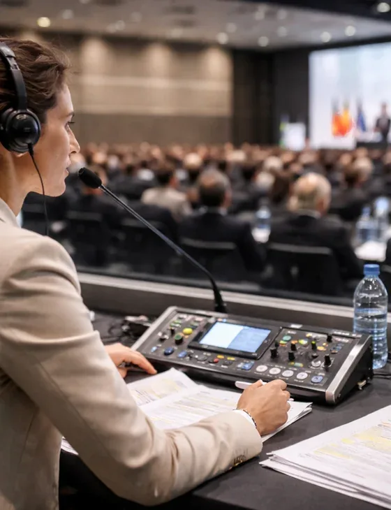 Intérprete simultânea com fone, microfone e mesa de som diante de plateia de conferência empresarial